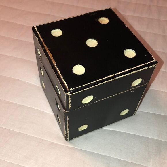 Dice Cube Black Ivory Shabby Shic Wooden Trinket Keepsake Box - Picture 1 of 13